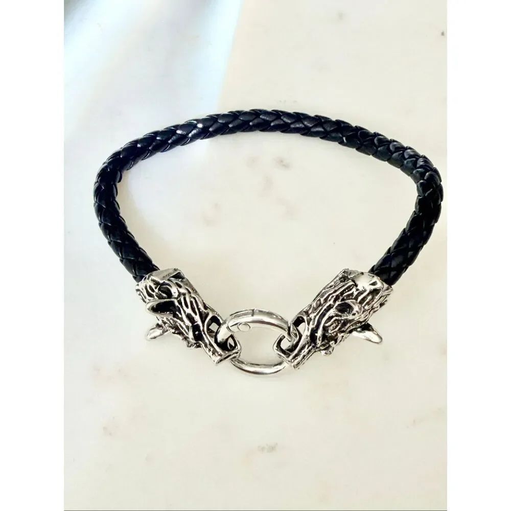 Men’s wolf faux black leather bracelet